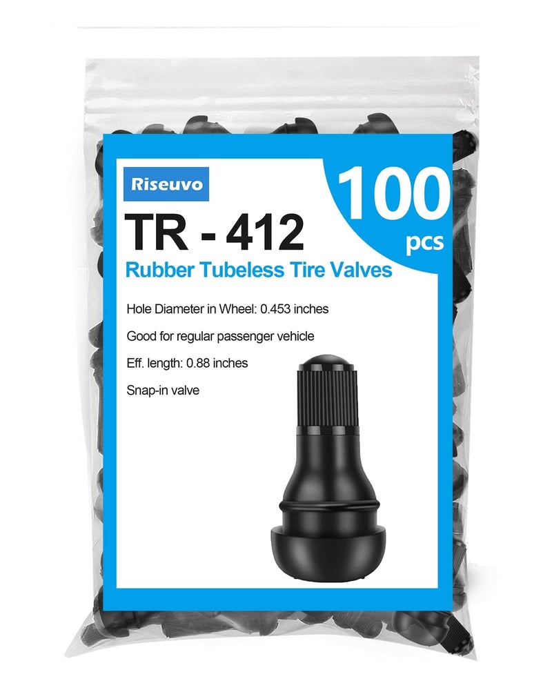 Riseuvo 100 Pcs TR412 Rubber Snap-in Tire Valve Stems - Tubeless 0.453" Rim Hole Fit for Cars, Trucks, Trailers, ATVs, Lawn Mowers - Image 1